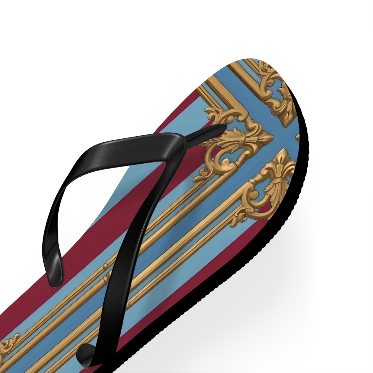 Ornate Design Flip Flops, Elegant Summer Sandals, Beach Vacation Footwear, Perfect for Weddings - Sky Blue & Maroon Striped Baroque
