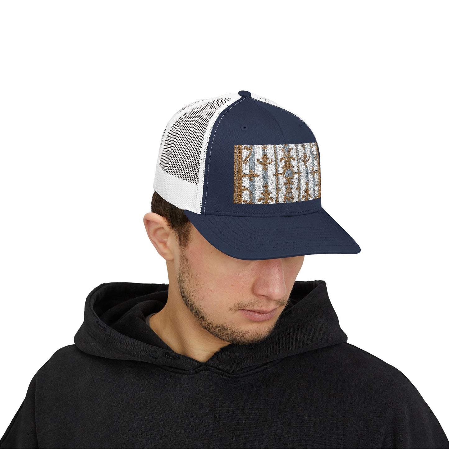Stylish Snapback Trucker Cap with Nature-Inspired Design - Summer Festivals - Matte Gray & Cream Striped Gold Baroque