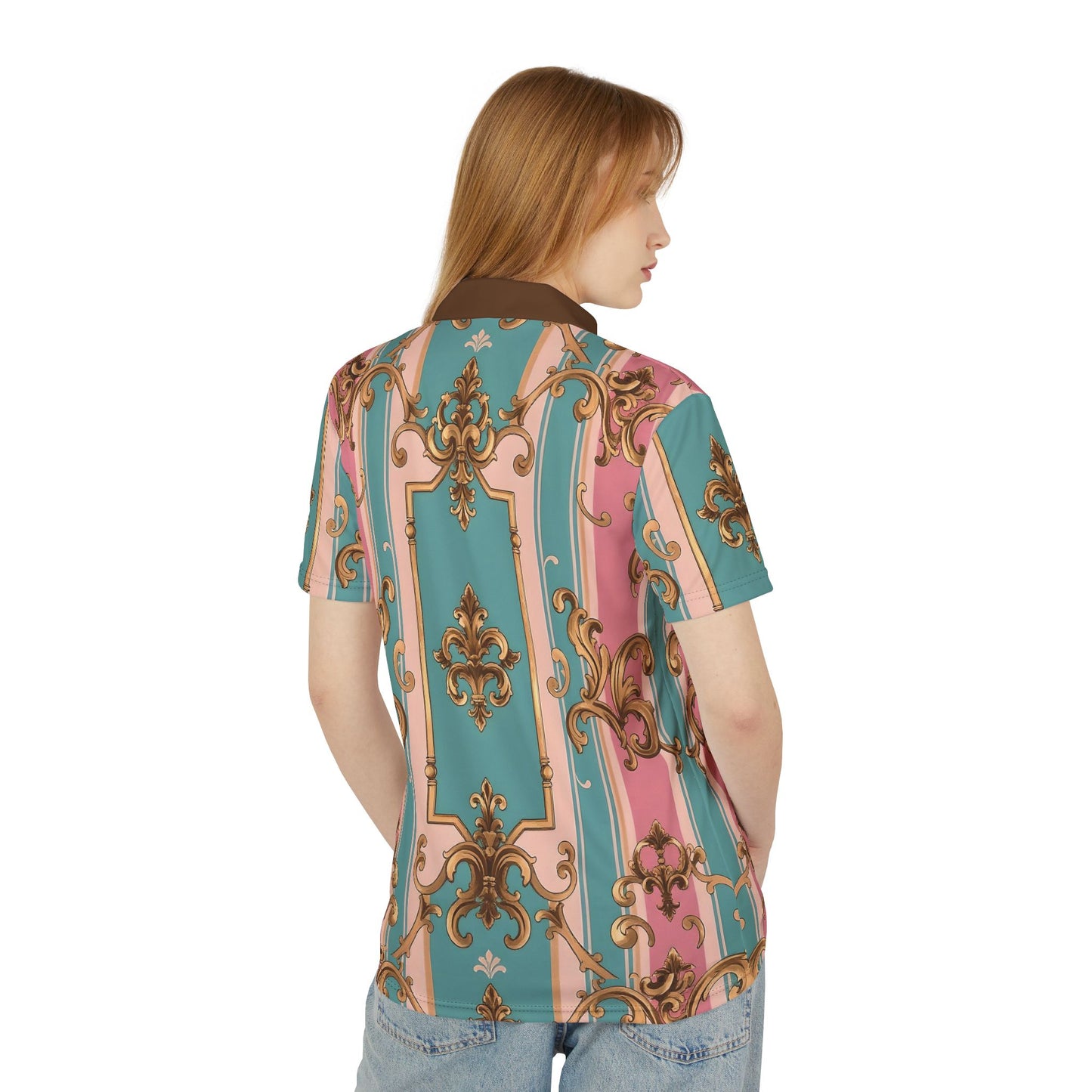 Stylish Unisex Polo Shirt, Trending Fashion Top, Casual Wear, Summer Shirt, Statement Piece, Unique Gift - Pink & Matte Turquoise Striped Rococo