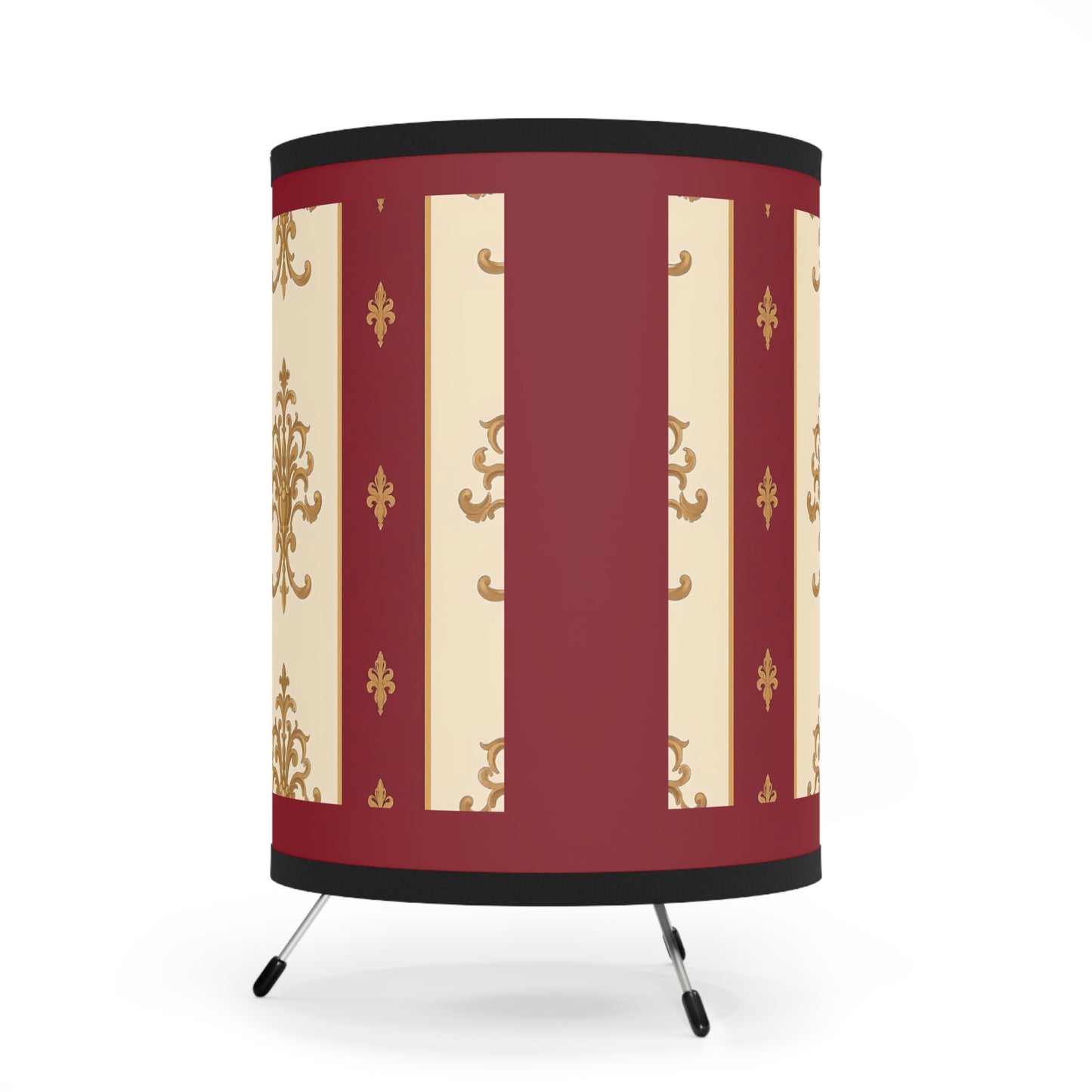 Elegant Tripod Lamp with Vintage Floral Print Shade - High-Res Home Accent - Dusk Red Striped Gold Damask