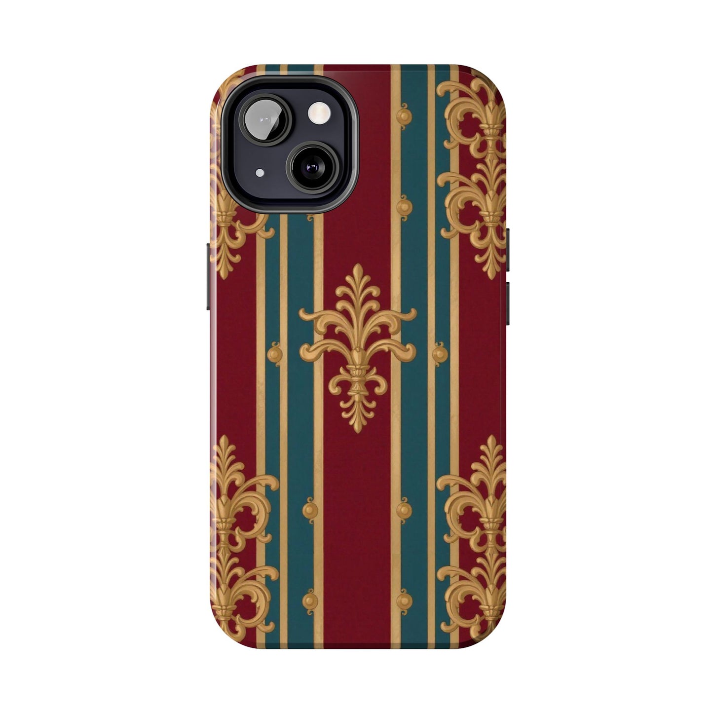Elegant Vintage Tough Phone Case, Luxury Phone Protection, Stylish Phone Cover, Durable Phone Accessory - Burgundy Striped Gold Baroque
