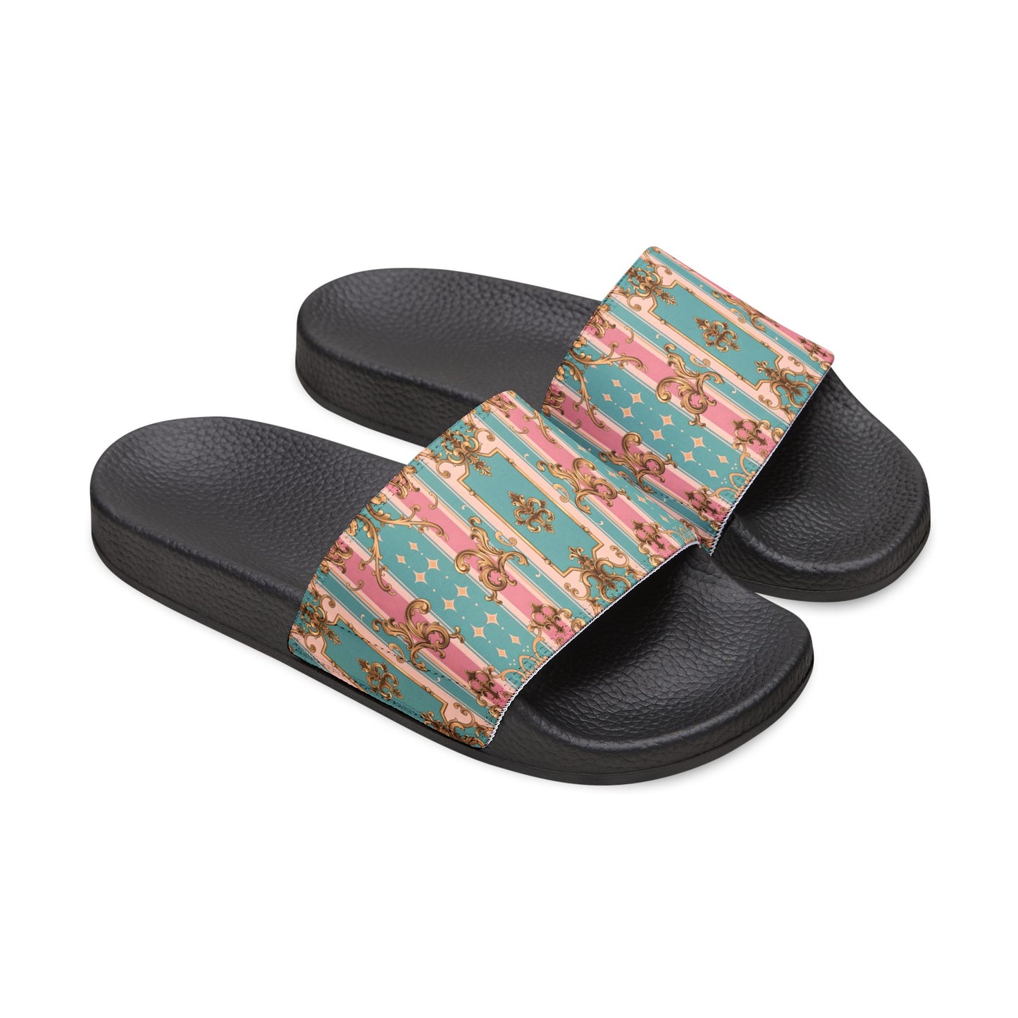 Stylish Women's Removable-Strap Sandals, Trendy Summer Footwear, Comfortable Beach Slides - Pink & Matte Turquoise Striped Rococo
