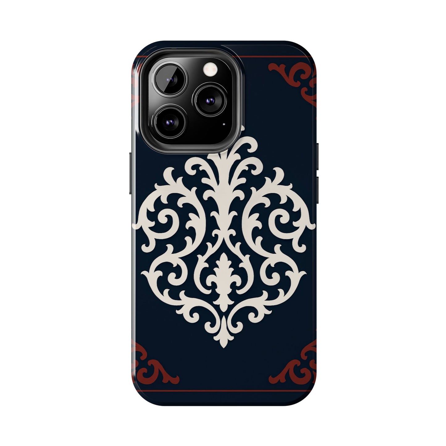 Dusk Blue-Maroon & White Baroque Tough Phone Case — Vintage Scroll Design