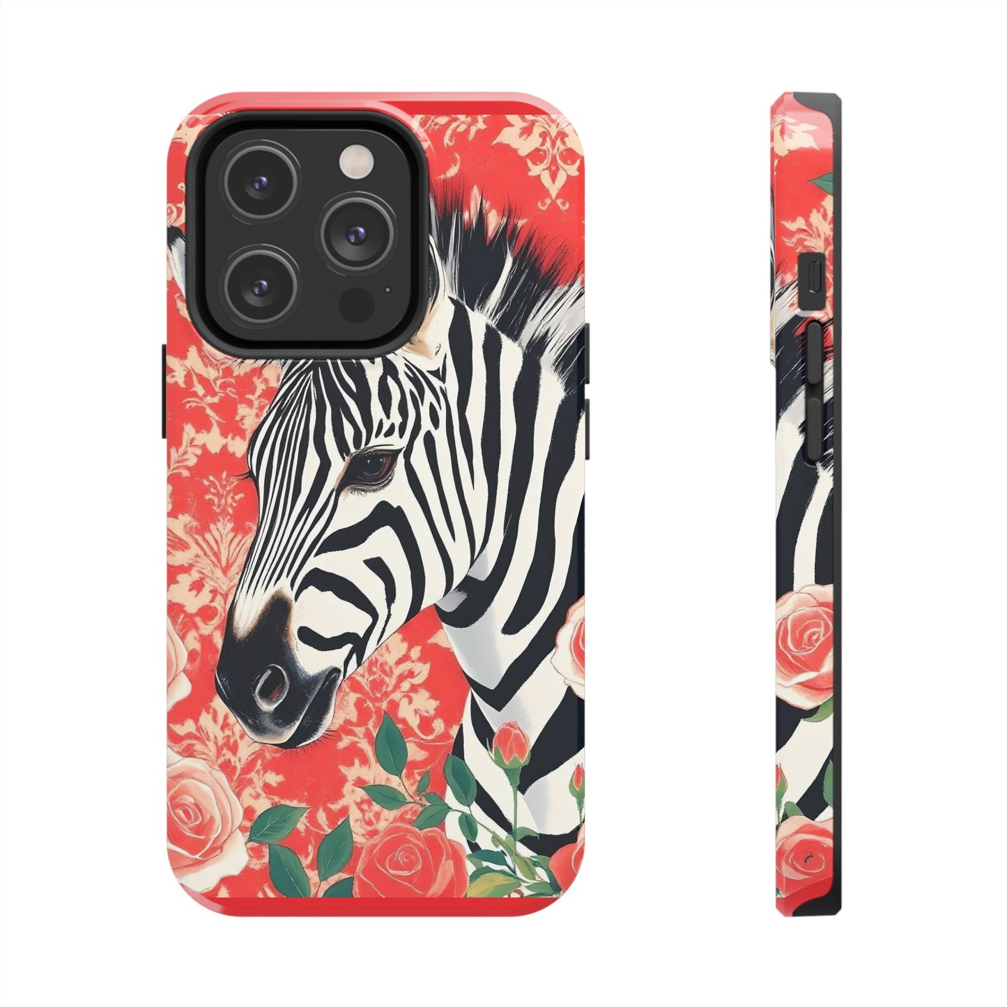 Zebra Tough Phone Case - Trendy Floral Design for Animal Lovers - Zebra With Coral Roses & Damask