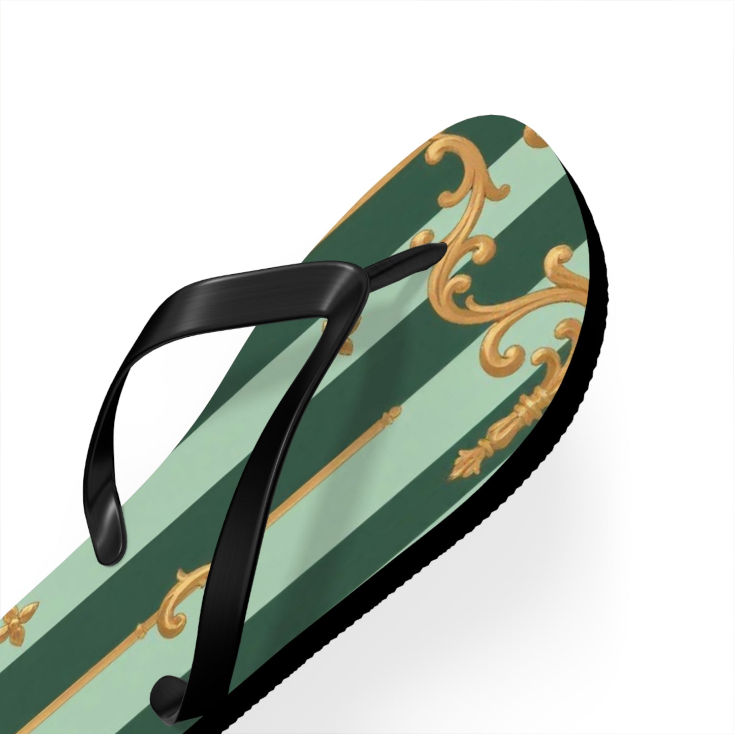 Elegant Patterned Flip Flops for Summer Fun, Beach Sandals, Casual Footwear, Vacation Essentials - Mint Green & Teal Striped Gold Baroque