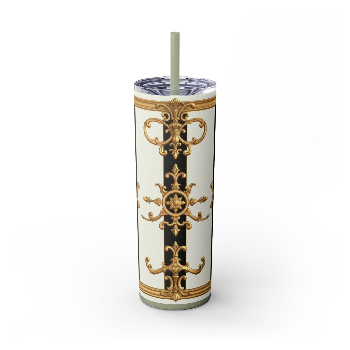 Elegant Gold Accents Skinny Tumbler, 20oz - Stylish Drinkware for Weddings, Parties, Gifts, or Everyday Use - Black & White Striped Gold Baroque