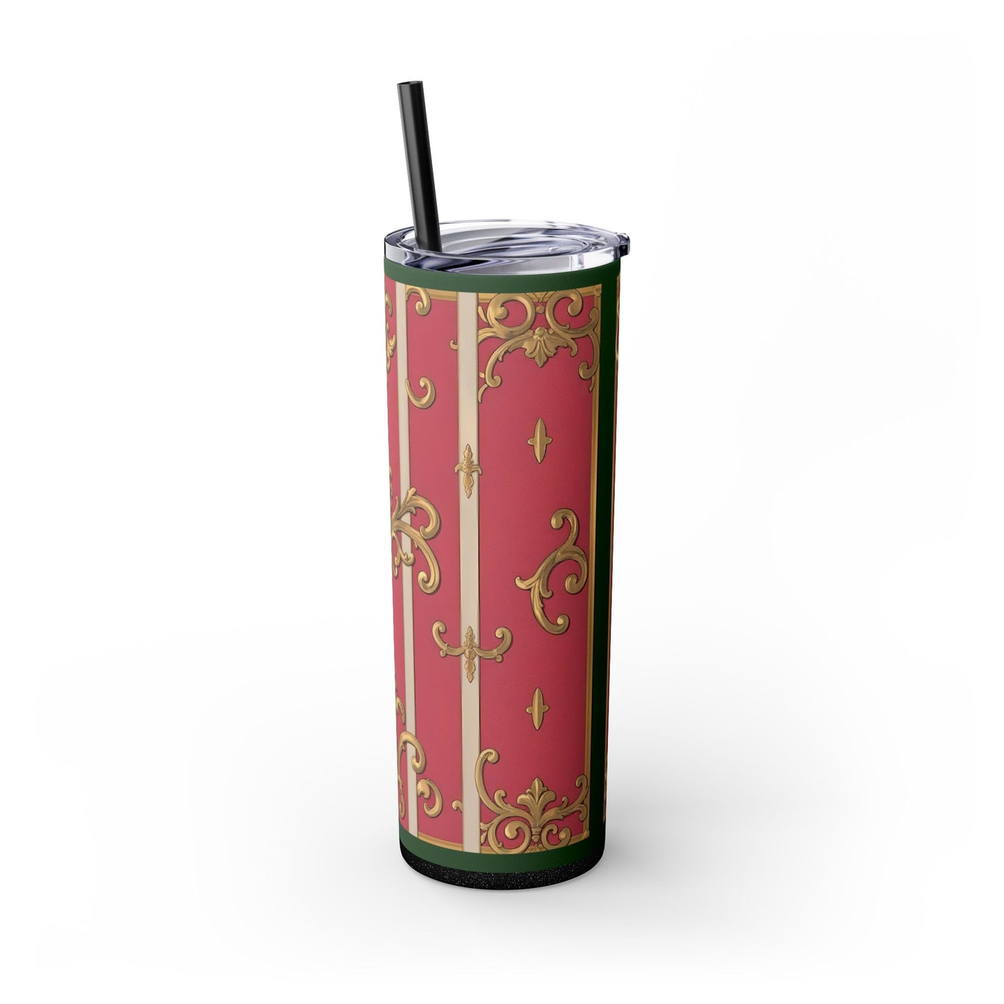 Elegant Green Border Pink Striped Baroque Skinny Tumbler with Straw, Reusable Travel Mug, Gift for Her, Fashionable Drinkware