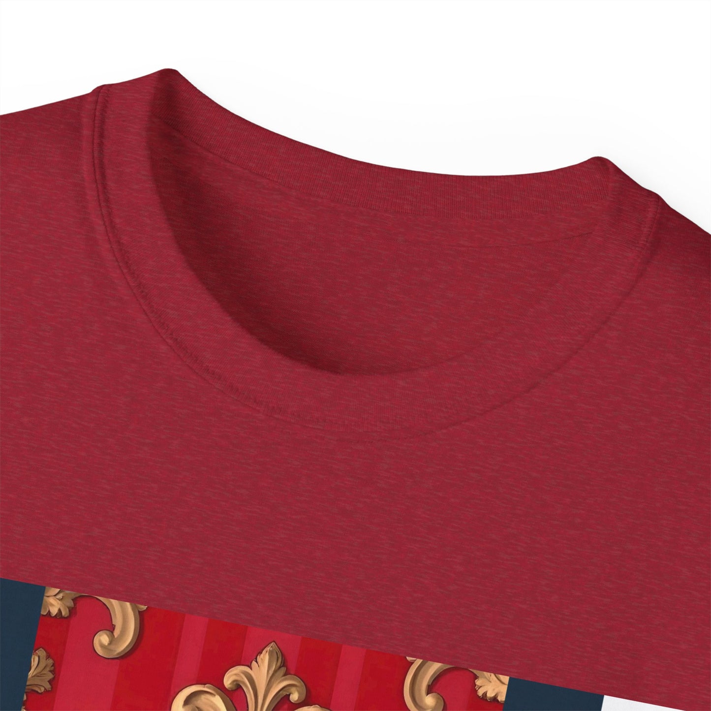 Regal Red Baroque T-Shirt, Artistic Tee, Gift for Art Lovers, Fashionable Statement Shirt, Unique Graphic Top - Blue, Red & White Striped Baroque