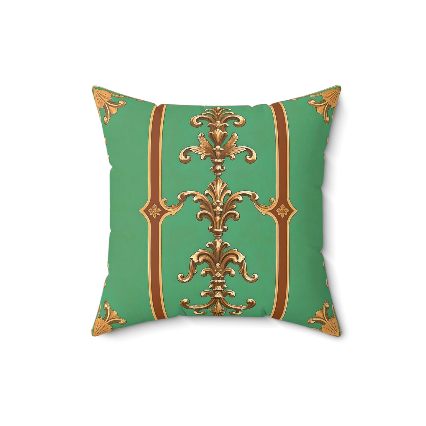 Elegant Faux Suede Square Pillow with Vintage Gold Design - Rust & Green Striped Baroque