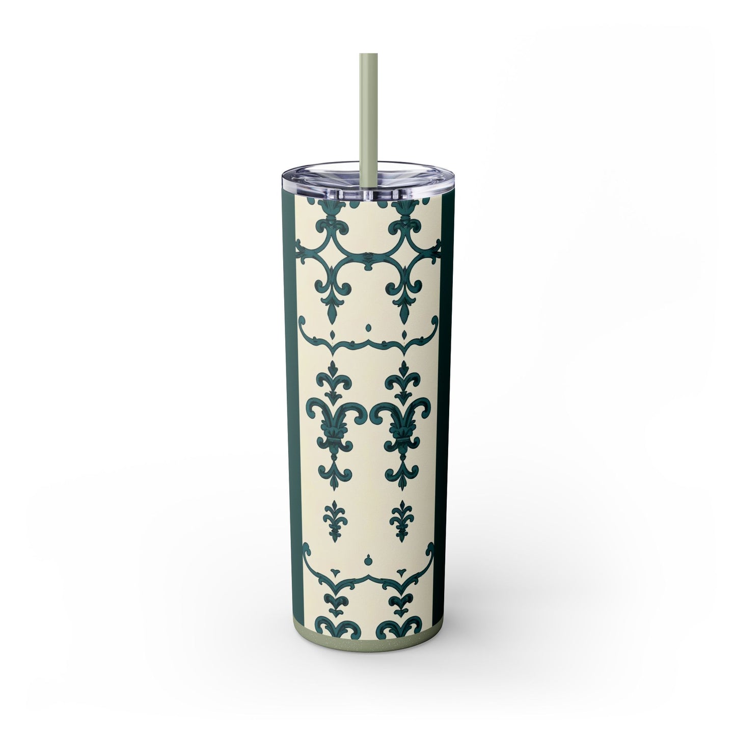 Elegant Floral Skinny Tumbler, 20oz - Stylish Travel Mug for Home, Coffee Lover Gift, Eco-Friendly Drinkware, Party Favor - Teal Striped Rococo