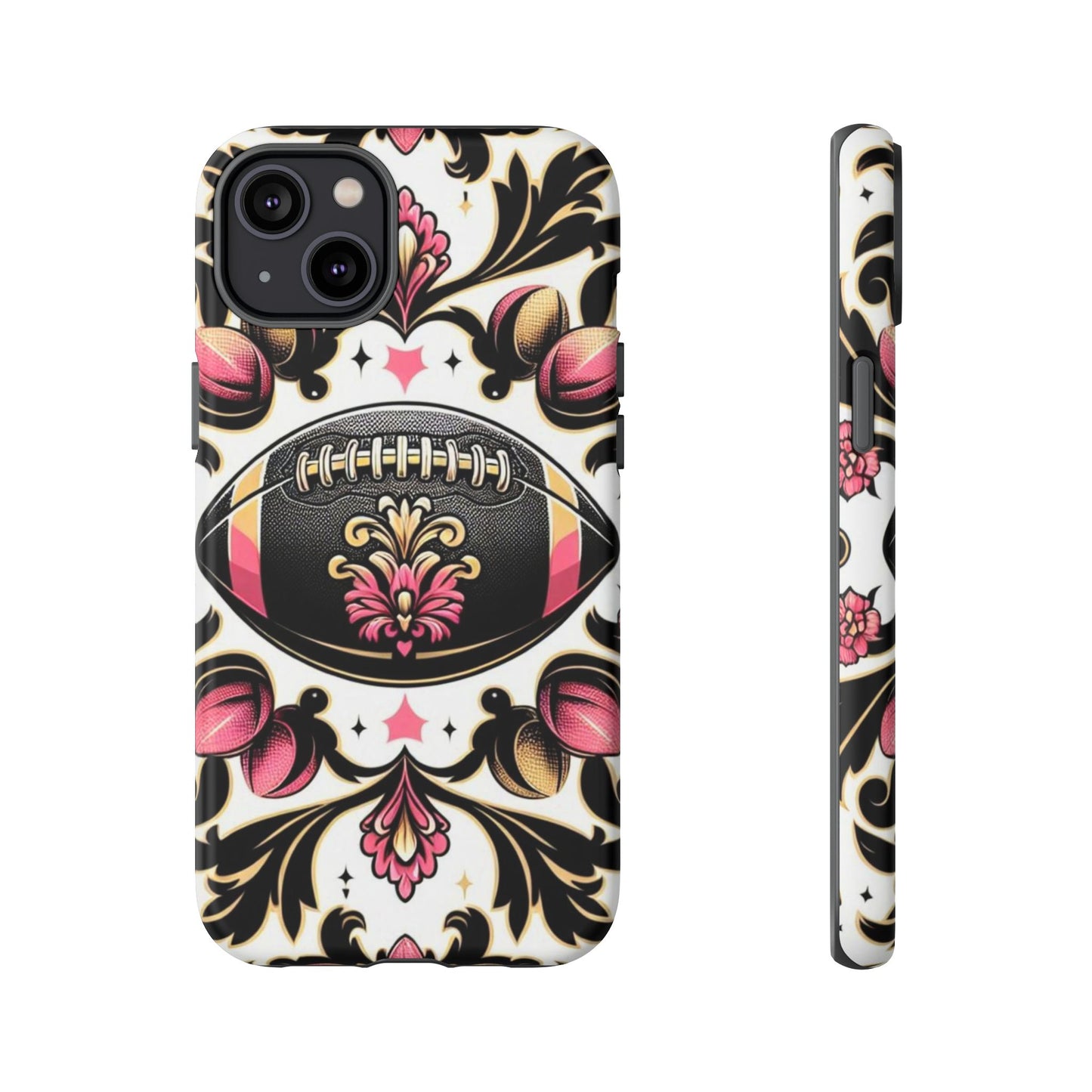 Elegant Floral Motif Phone Case - Tough Cases with Vintage Design - Damask White, Pink Gold & Black Football