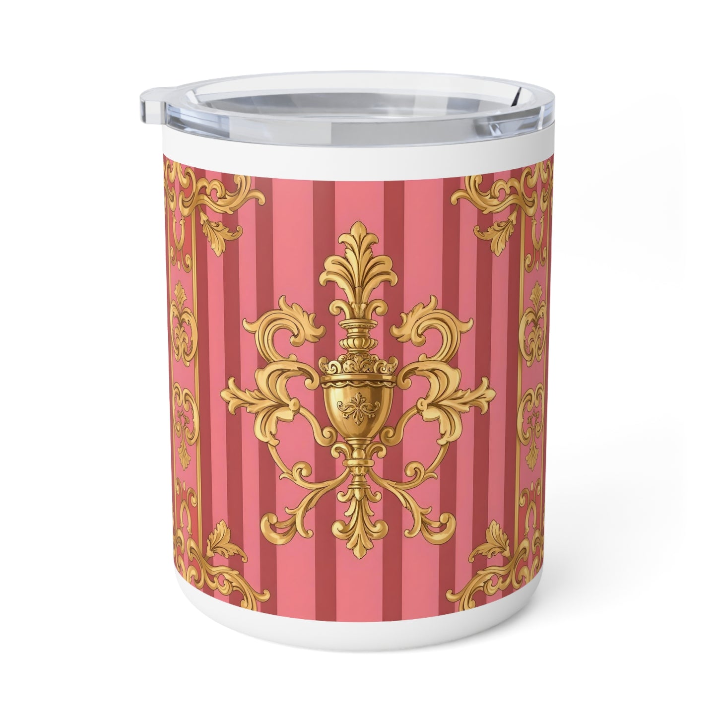 Chic Insulated Coffee Mug - Elegant Pink & Gold Design, Perfect Gift for Coffee Lovers, Housewarming - Pink Striped Gold Baroque