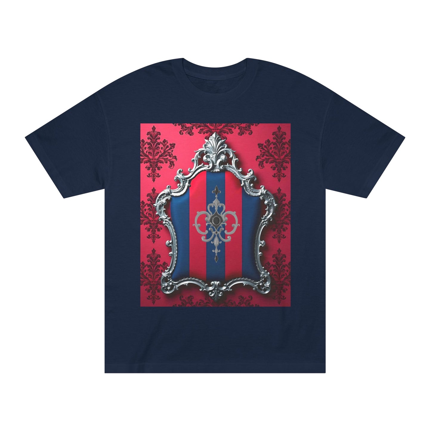 Vintage Couture Shield Unisex Classic Tee, Fashion T-Shirt, Gift for Fashion Lovers, Casual Wear, Unique Graphic Shirt - Blue & Red Striped Silver Crest