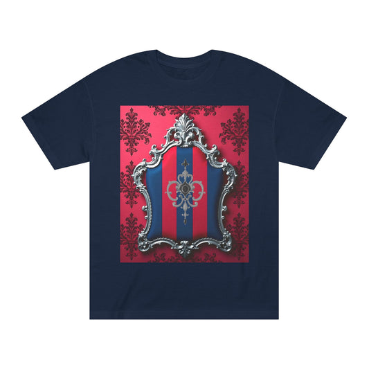 Vintage Couture Shield Unisex Classic Tee, Fashion T-Shirt, Gift for Fashion Lovers, Casual Wear, Unique Graphic Shirt - Blue & Red Striped Silver Crest