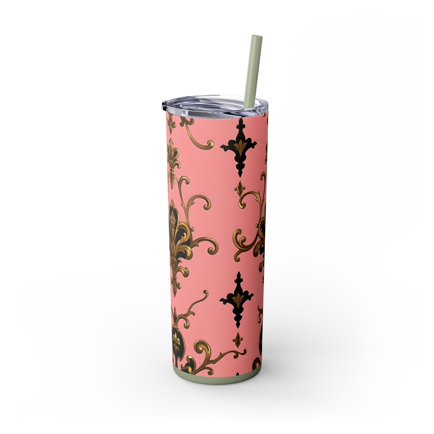 Elegant Pink Damask Skinny Tumbler, 20oz Drinkware, Stylish Reusable Cup, Travel Mug, Gift for Her, Home Decor - Pink, Black & Gold Rococo