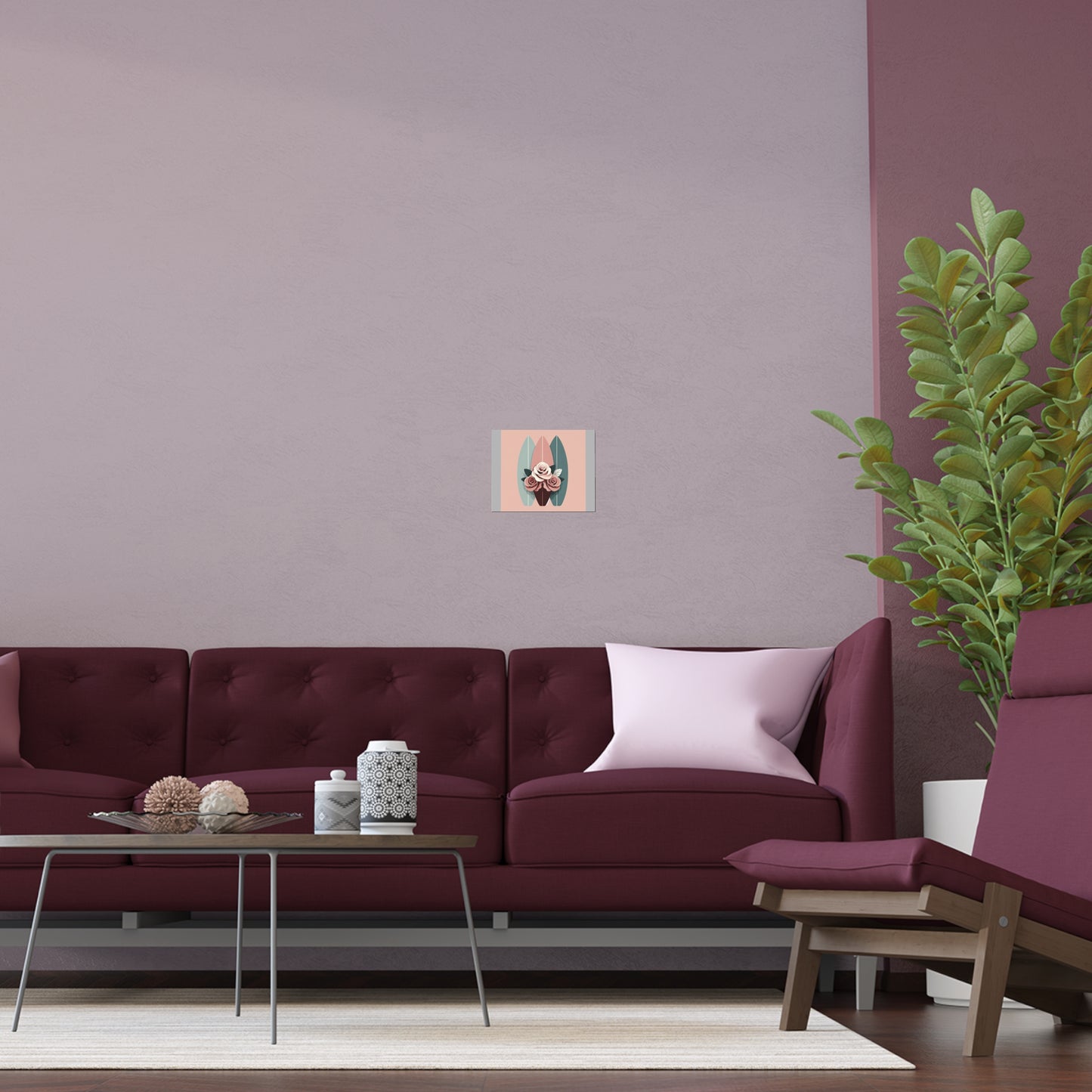 Elegant Floral Silk Poster - Indoor/Outdoor Wall Art for Home Decor - Burgundy, Matte Mauve & Teal Surfboard & Roses