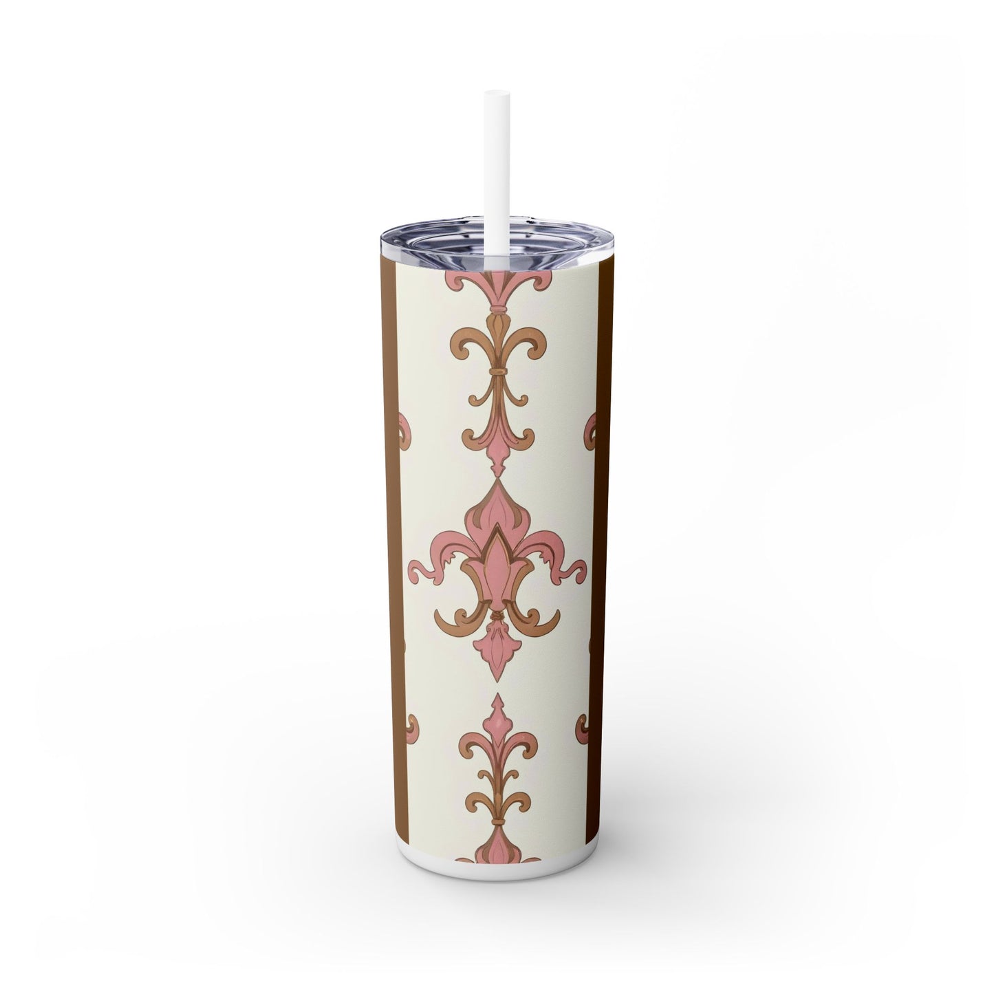 Elegant Floral Skinny Tumbler, 20oz Drinkware, Stylish Travel Mug, Wedding Gift, Personalized Gift, Eco-Friendly Cup - Brown Striped Pink Arabesque