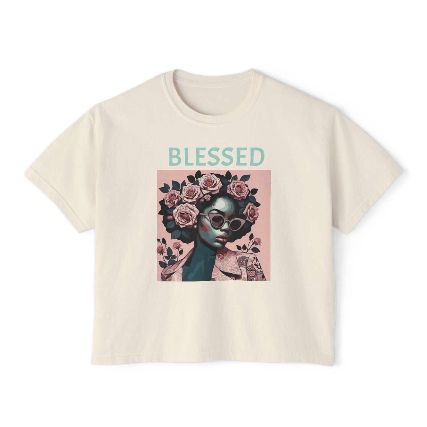 Blessed Women's Boxy Tee - Floral Graphic Shirt, Trendy Casual Top, Perfect Gift for Her, Boho Fashion, Self-Care Reminder - Mint Lettering