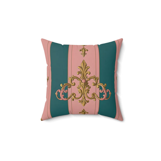 Elegant Vintage-Inspired Throw Pillow, Decorative Cushion, Home Decor Accent, Boho Chic Pillow Cover - Pink & Teal Striped Gold Baroque