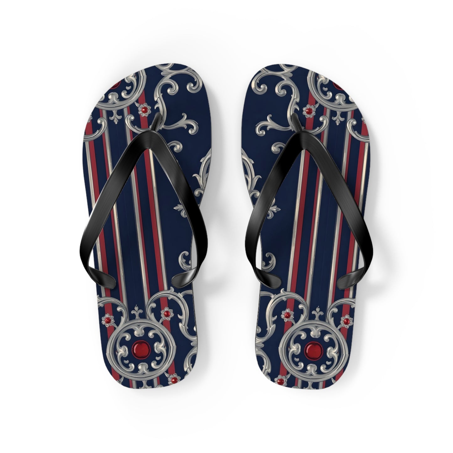 Elegant Nautical Flip Flops | Perfect for Beach Days, Summer Parties, Travel, Vacation, Poolside Relaxation - Blue & Red Striped Silver Baroque