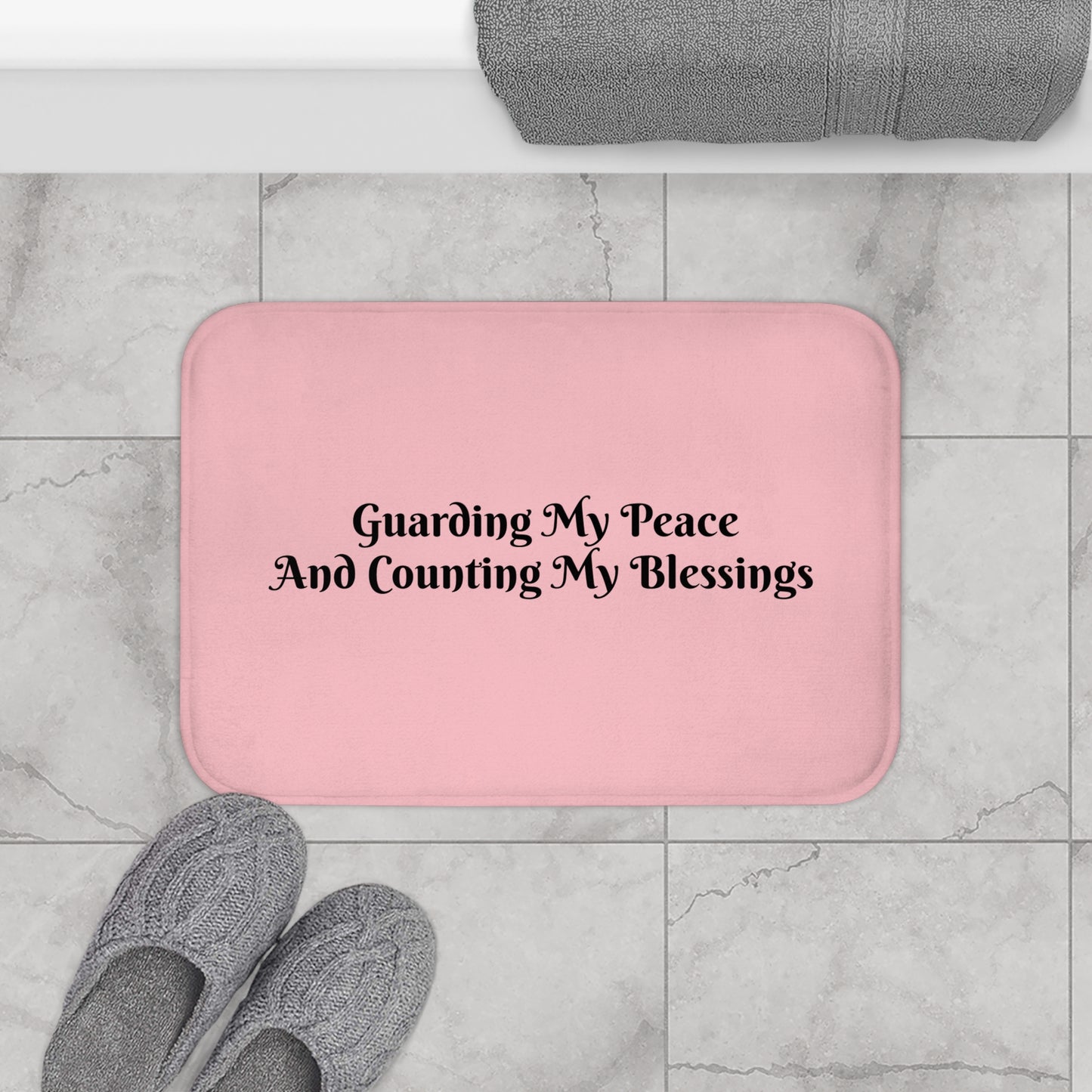 Serene Bath Mat Guarding My Peace And Counting My Blessings, Soft Non-Slip Bathroom Rug, Home Décor Gift for Wellness - Black Lettering