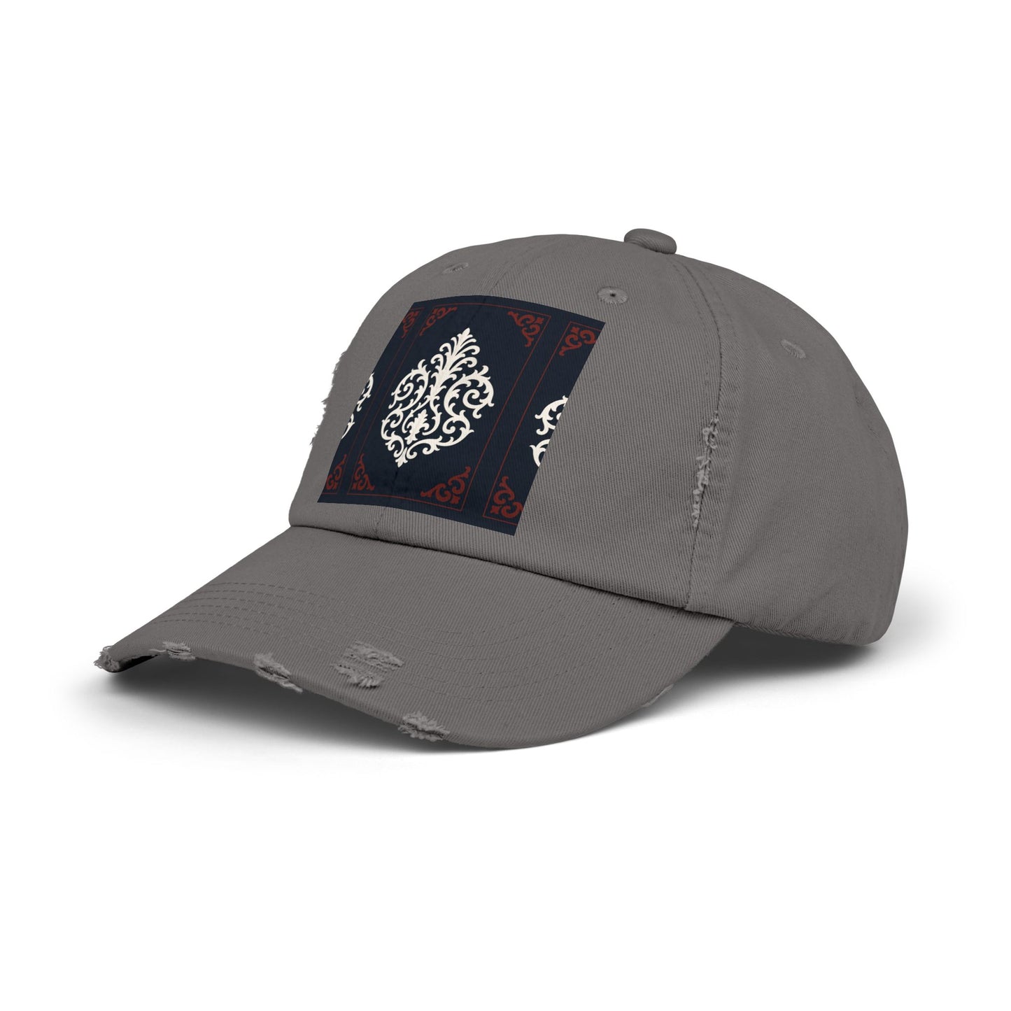 Dusk Blue & Maroon-White Baroque Distressed Cap with Ornamental Medallion Patch