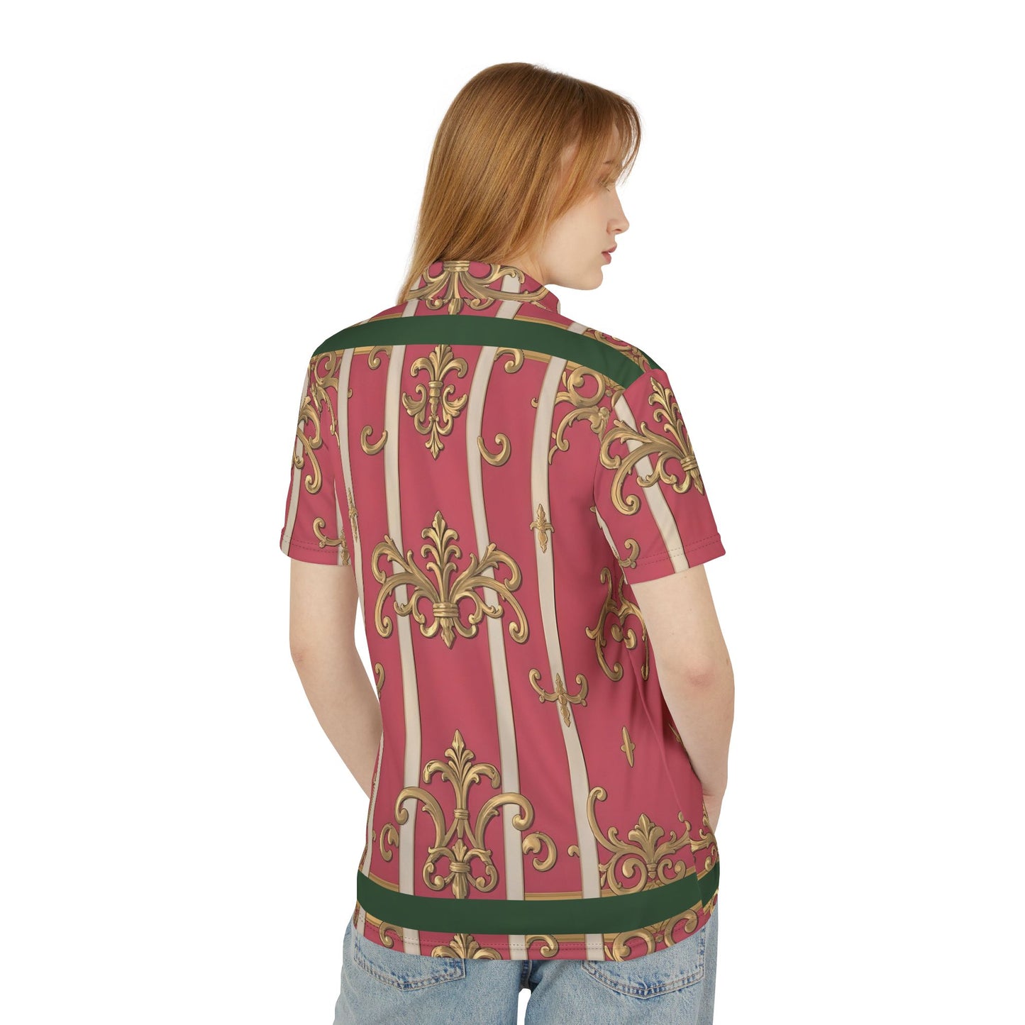 Elegant Vintage Green Border Pink Striped Baroque Polo Shirt, Classic Summer Shirt, Casual Chic Outfit, Gift for Him, Stylish Leisurewear