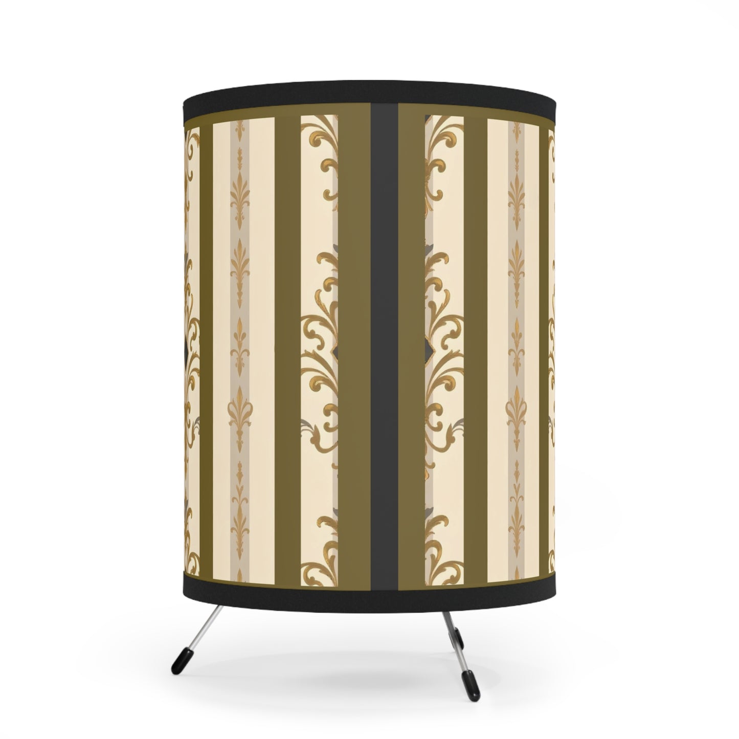 Elegant Tripod Lamp with Vintage Floral Print Shade - High-Res Home Accent - Olive Striped Gold Damask