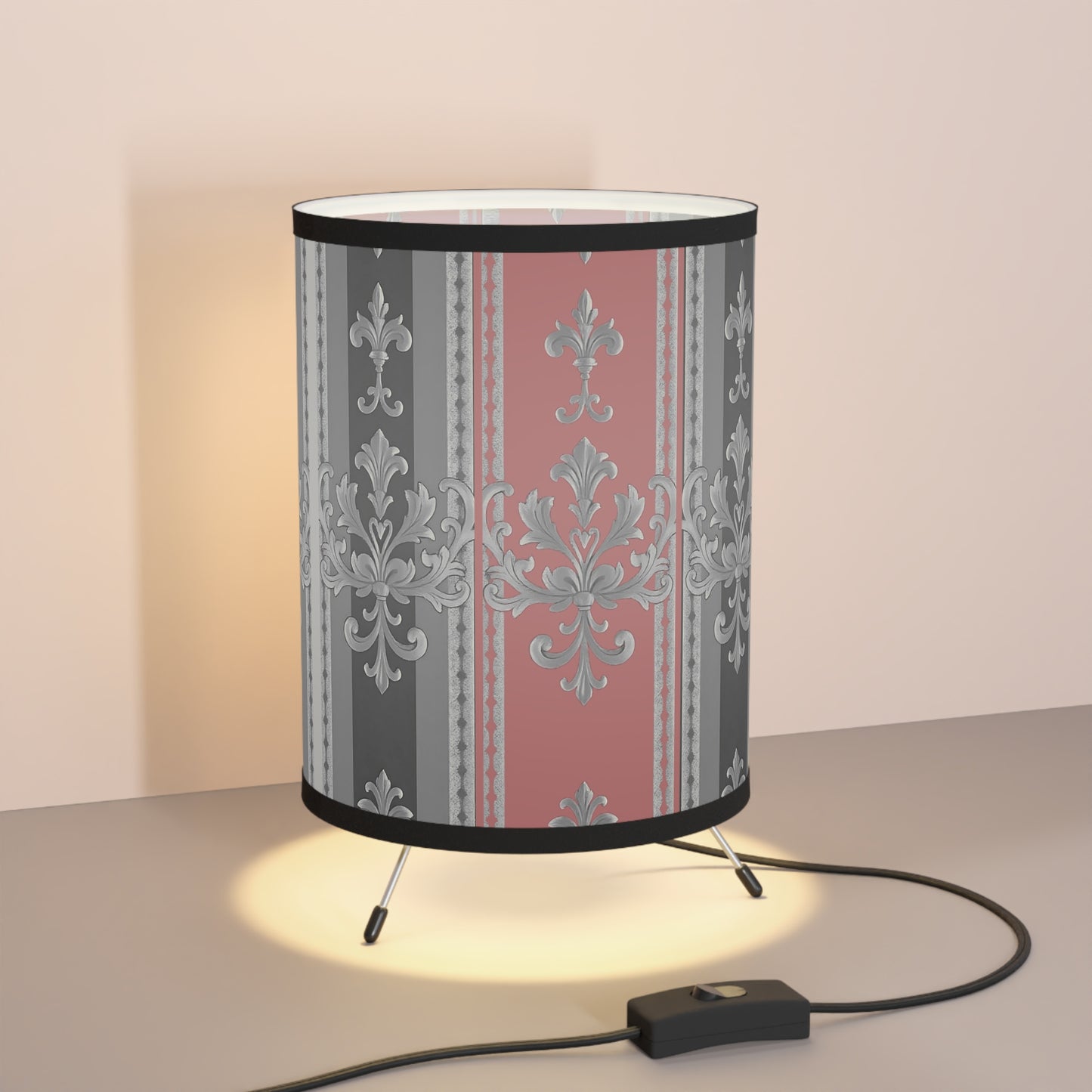 Elegant Tripod Lamp with Vintage Floral High-Res Shade - Gray & Mauve Striped Baroque