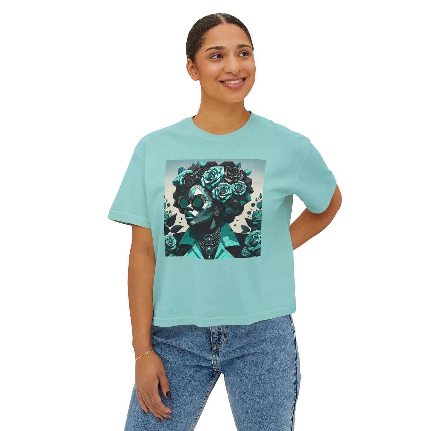 Floral Skull Women's Boxy Tee, Casual Outfit, Graphic Tee, Festival Fashion, Gift for Her - Turquoise & Black Roses Lady