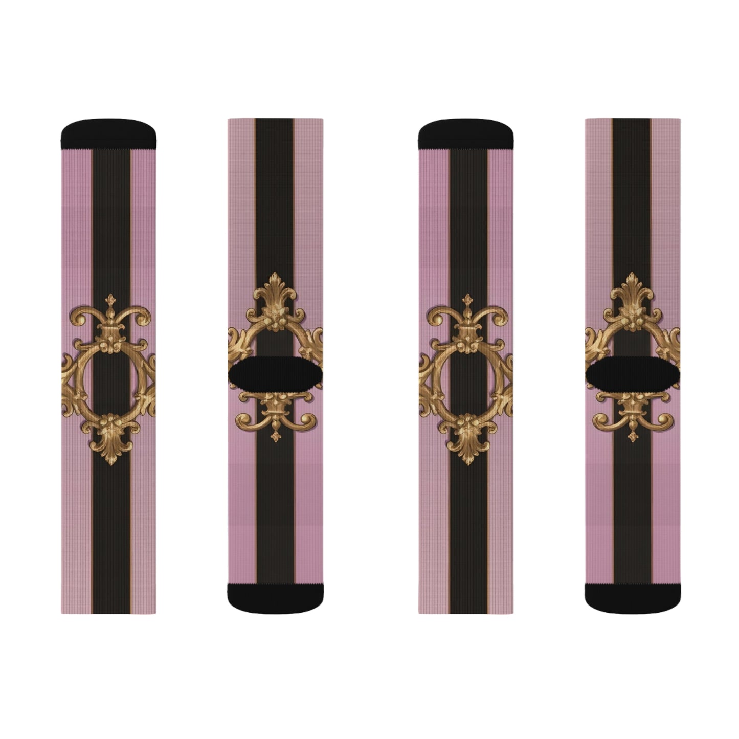 Chic Floral Sublimation Socks for Fashion Lovers, Cute Gift for Her, Trendy Footwear, Stylish Accessories - Matte Lavender & Black Striped Gold Baroque