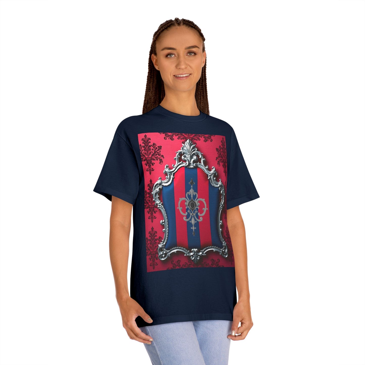 Vintage Couture Shield Unisex Classic Tee, Fashion T-Shirt, Gift for Fashion Lovers, Casual Wear, Unique Graphic Shirt - Blue & Red Striped Silver Crest