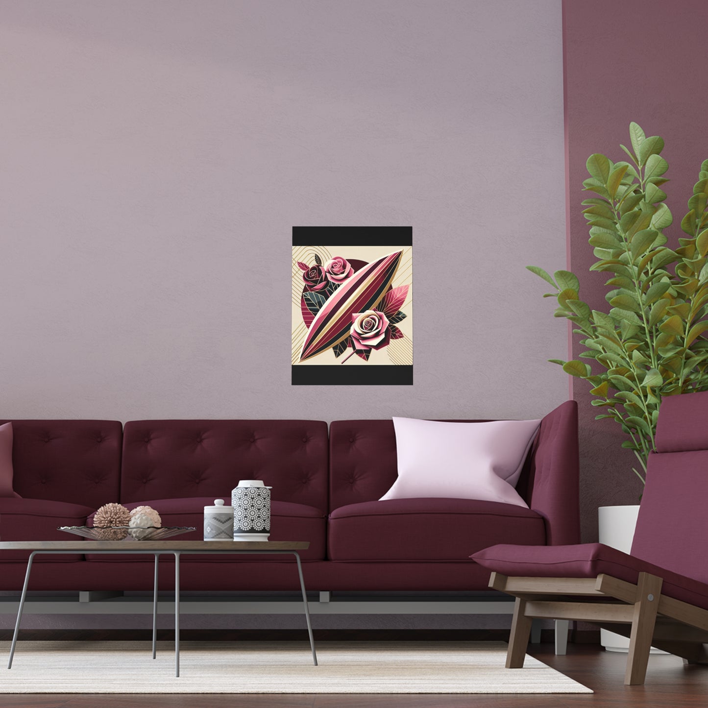 Elegant Floral Silk Poster - Indoor/Outdoor Wall Art for Home Decor - Pink & Burgundy Striped Surfboard & Roses