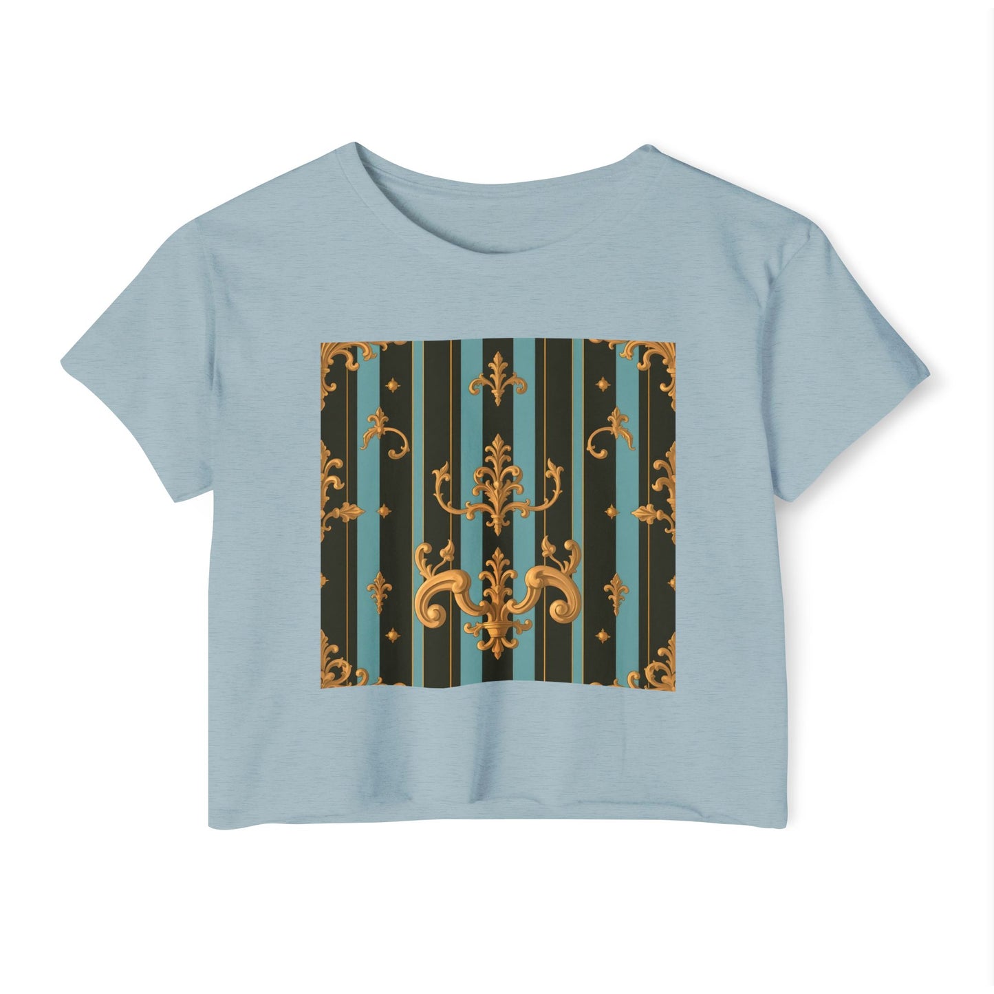 Boho Festival Crop Top, Trendy Summer Top, Stylish Women’s Crop Tee, Perfect for Music Festivals, Casual Wear - Black & Turquoise Striped Baroque