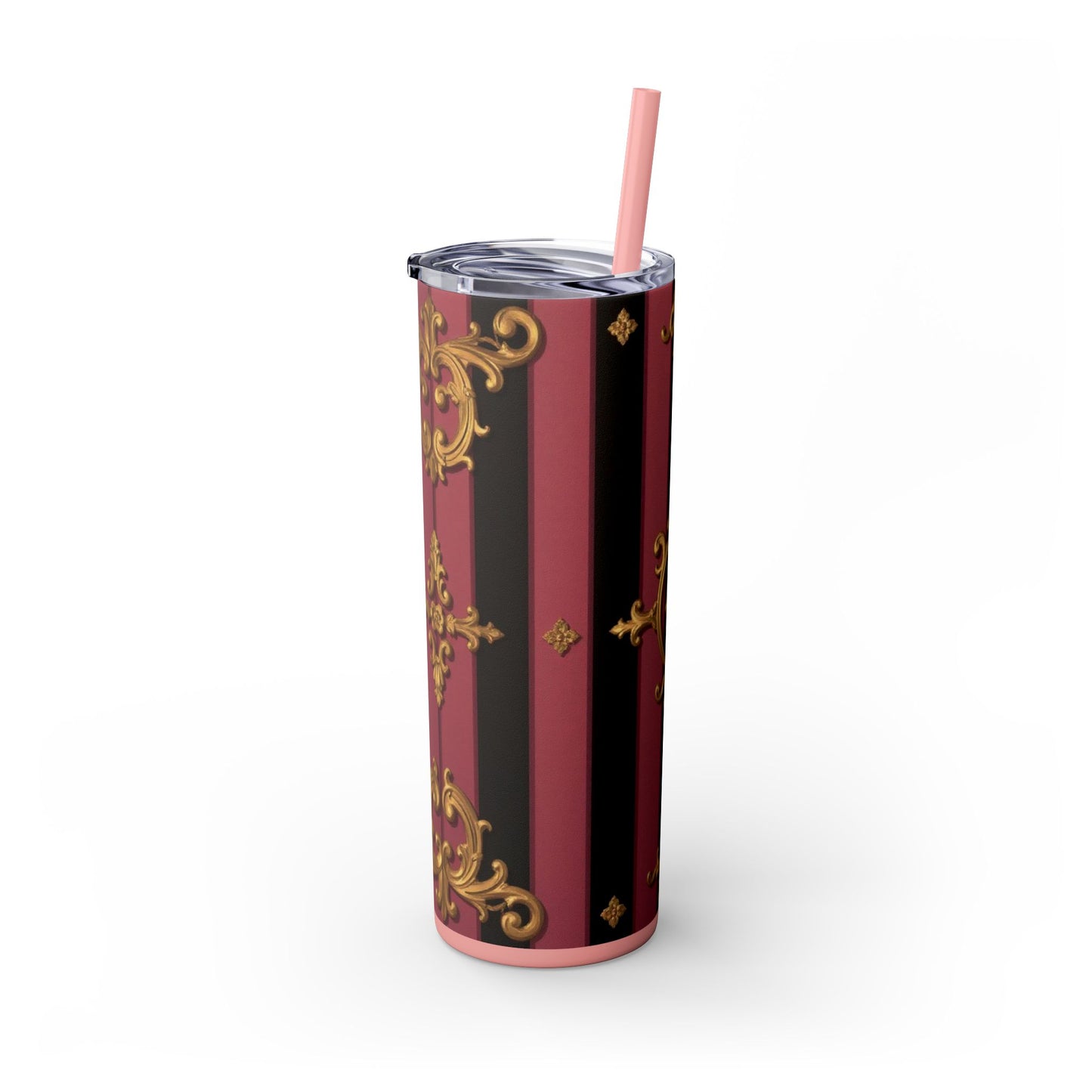 Elegant Black & Mauve Striped Gold Baroque Striped Skinny Tumbler with Straw, 20oz | Vintage Gold Accent Drinkware, Wedding Gift, Party Favor, Travel Mug