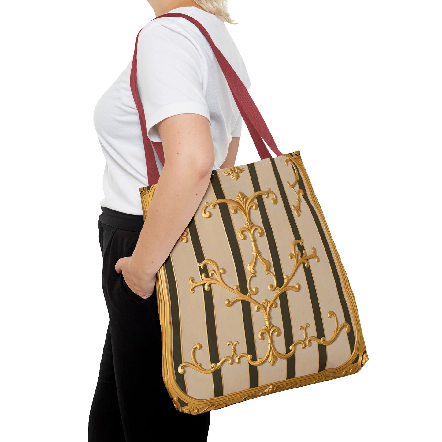Elegant Gold Pattern Tote Bag - Stylish Carryall for Everyday Use, Eco-Friendly Shopping, Gift for Her - Beige Striped Gold Rococo