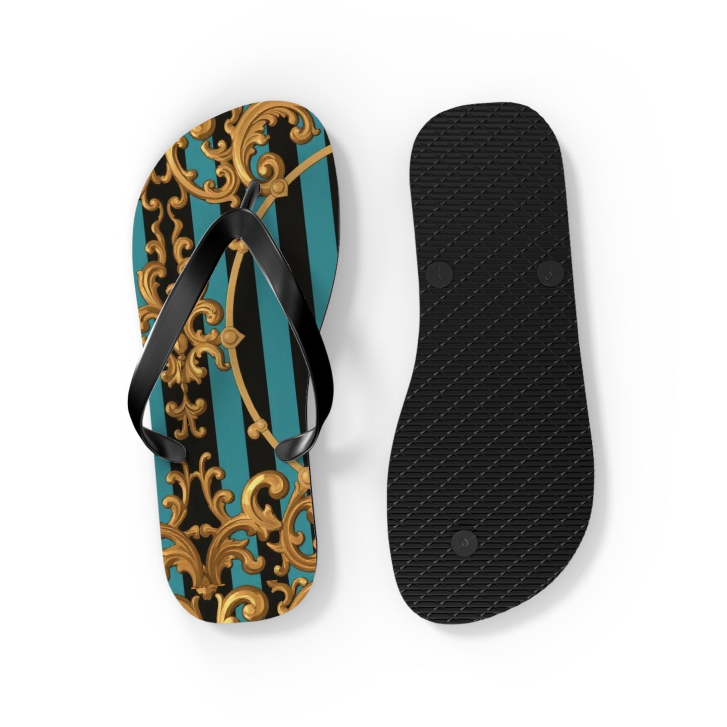 Elegant Turquoise & Black Striped Gold Baroque Patterned Flip Flops for Beach, Summer Vibes, Vacation Essentials, Stylish Footwear