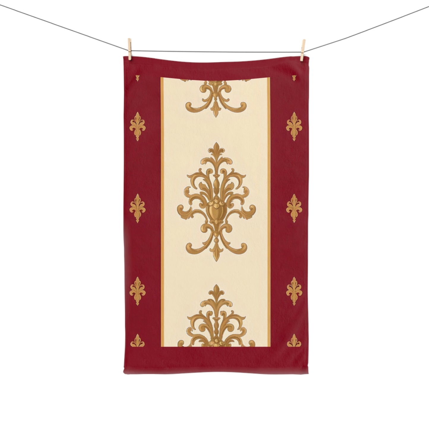 Luxurious Ornate Hand Towel - Elegant Home Décor - Dusk Red Striped Gold Damask