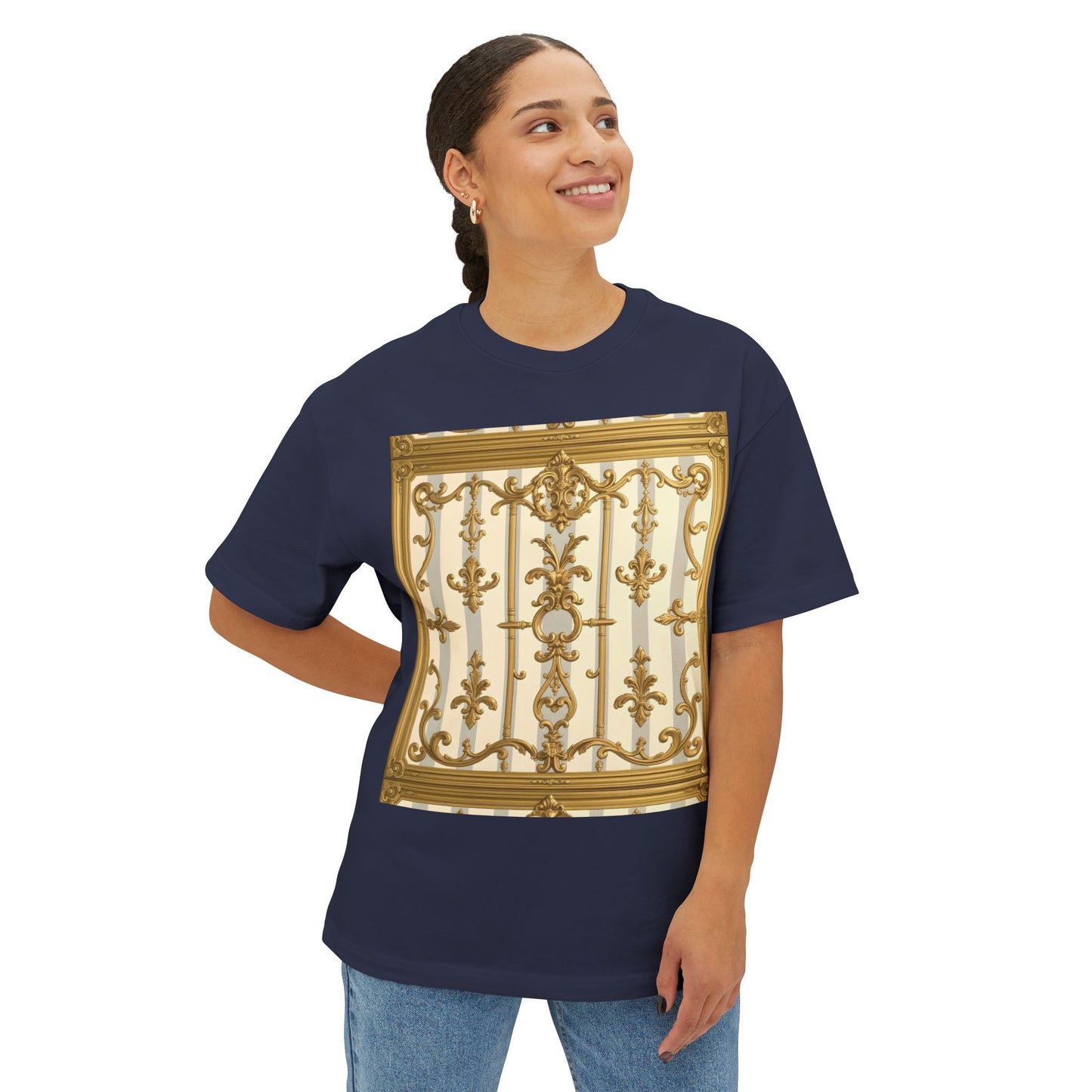 Golden Art Unisex Oversized Tee, Graphic Tee, Trendy Streetwear, Casual Shirt - Matte Gray & Cream Striped Gold Baroque