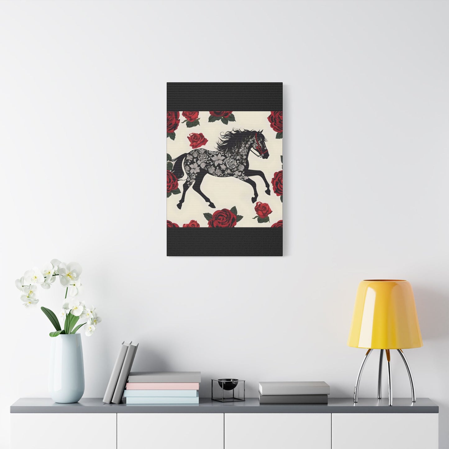Art Print Canvas, Wall Decor, Satin Stretched Canvas, Equestrian Art, Office Decor, Home Decor - Horse & Roses
