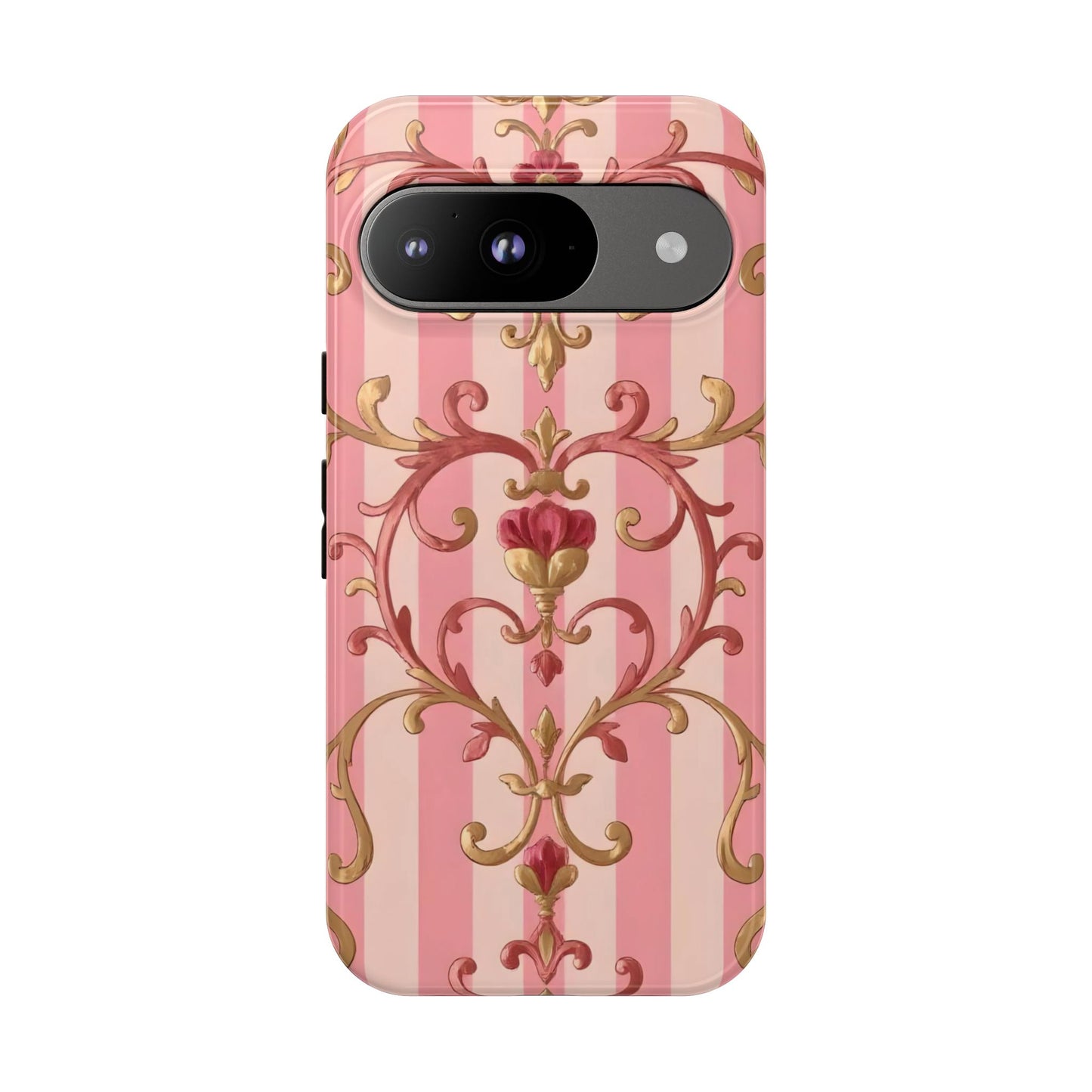 Elegant Floral Motif Phone Case - Tough Cases with Vintage Design - Pink Striped Rose Gold Damask