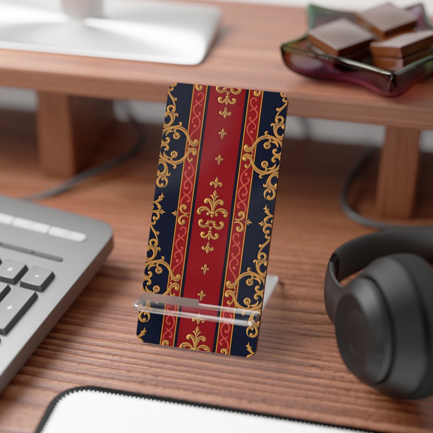 Mobile Phone Stand, Elegant Smartphone Holder, Decorative Desk Accessory, Gift for Office or Home - Midnight Blue & Dusk Red Gold Baroque