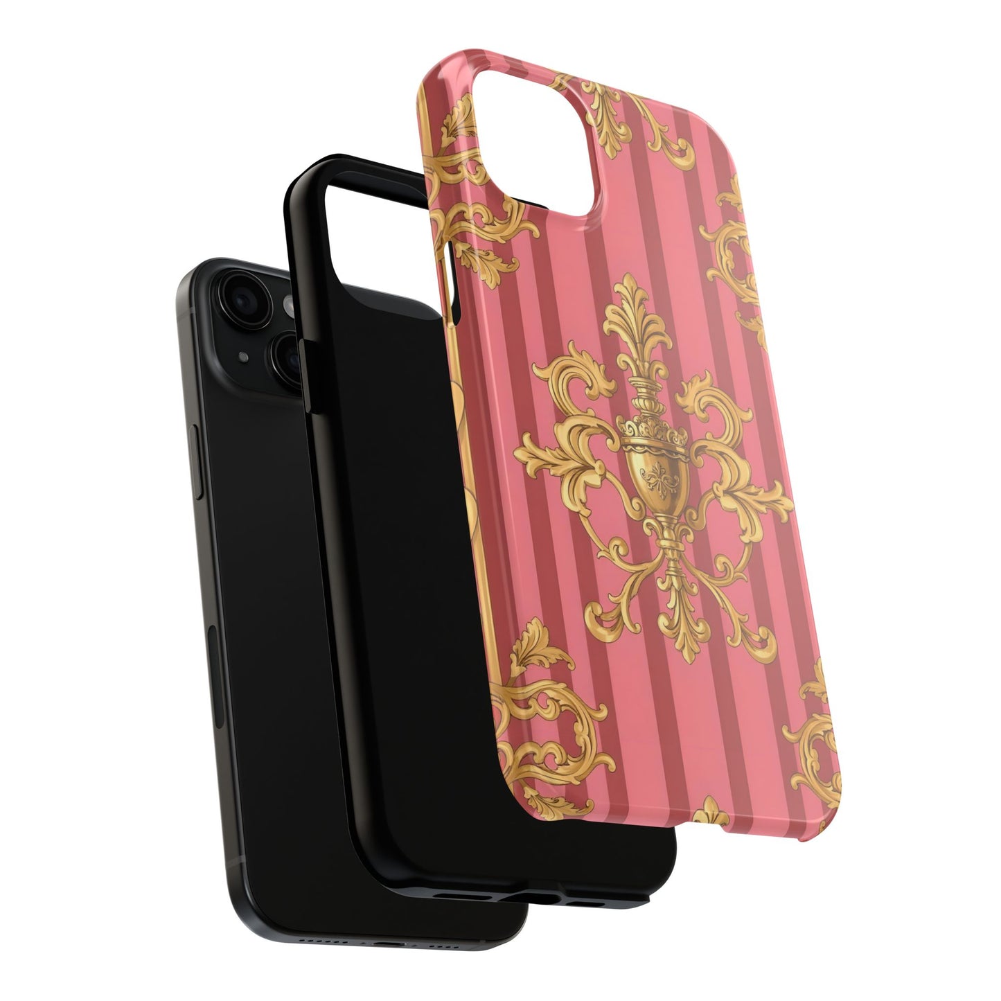 Elegant Baroque Tough Phone Cases, Durable Phone Cover, Stylish Accessory, Gift for Any Occasion - Pink Striped Gold Baroque