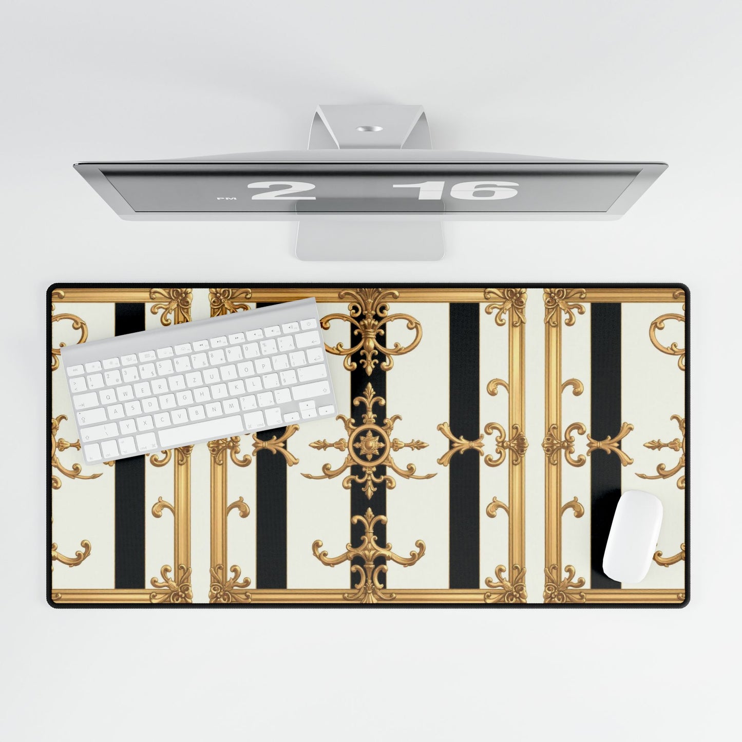 Elegant Desk Mats for Home Office, Stylish Desk Accessories, Chic Workstation Decor, Perfect Gift for Boss's Day - Black & White Striped Gold Baroque