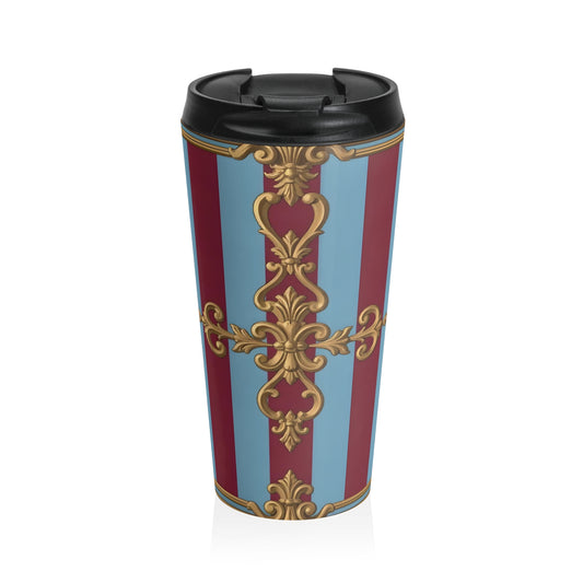 Elegant Vintage Pattern Travel Mug, Coffee Lover's Gift, Birthday, Home Decor, Reusable, Unique Design - Sky Blue & Maroon Striped Baroque