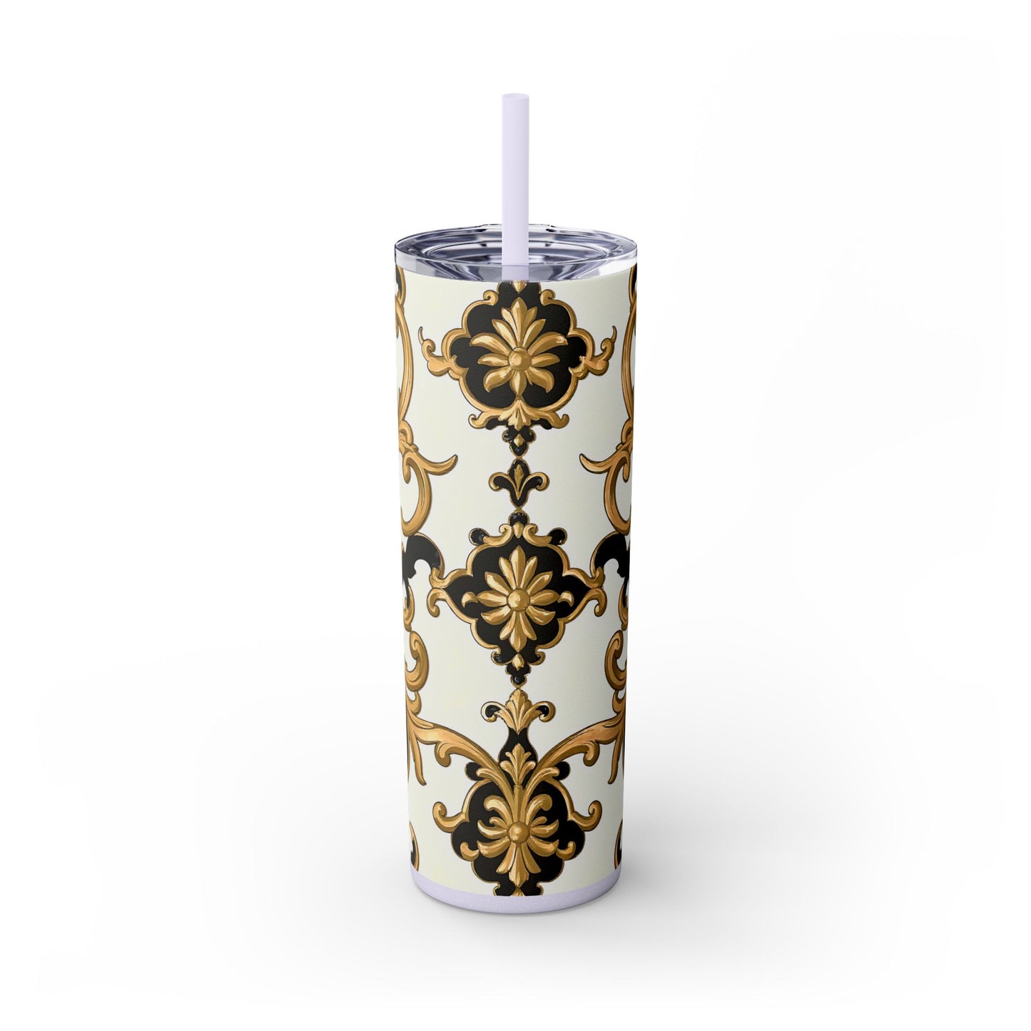 Elegant Gold Floral Skinny Tumbler, 20oz | Insulated Cup for Hot & Cold Drinks, Travel Mug, Gift for Mom, Stylish Drinkware - Black & Gold Rococo