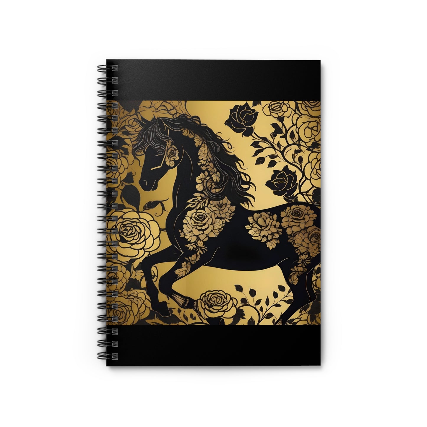 Elegant Vintage Spiral Notebook - Ruled Line with Black Horse & Roses