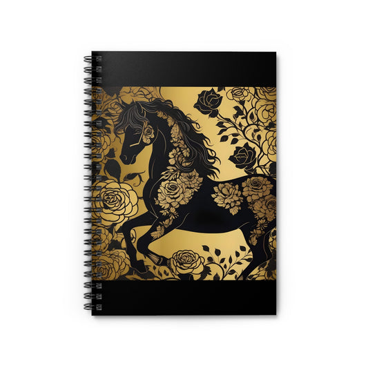 Elegant Vintage Spiral Notebook - Ruled Line with Black Horse & Roses