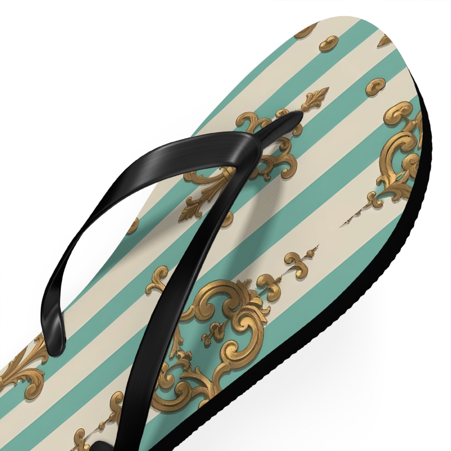 Chic Floral Flip Flops - Summer Sandals, Beach Footwear, Vacation Ready, Boho Style, Gift for Her - Matte Green Striped Rococo