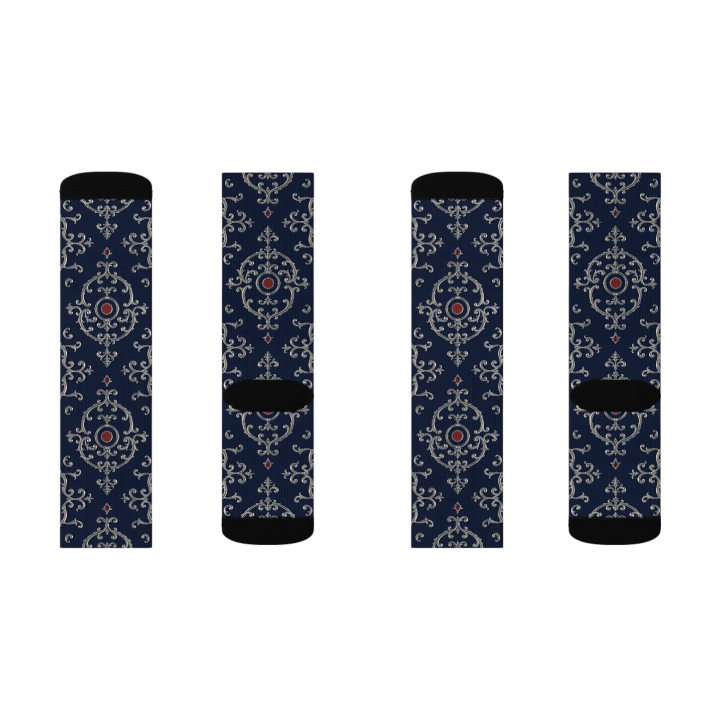 Stylish Sublimation Socks for Everyday Comfort, Unique Gift for Sock Lovers, Cozy Footwear for All Occasions - Blue & Red Striped Silver Baroque